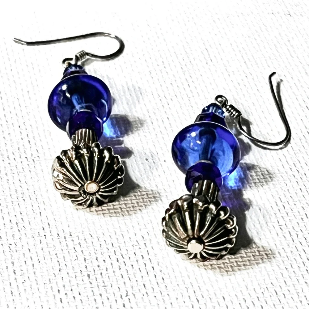 Cobalt Blue Glass & Silver-tone Beaded Pierced Earrings Handmade  2